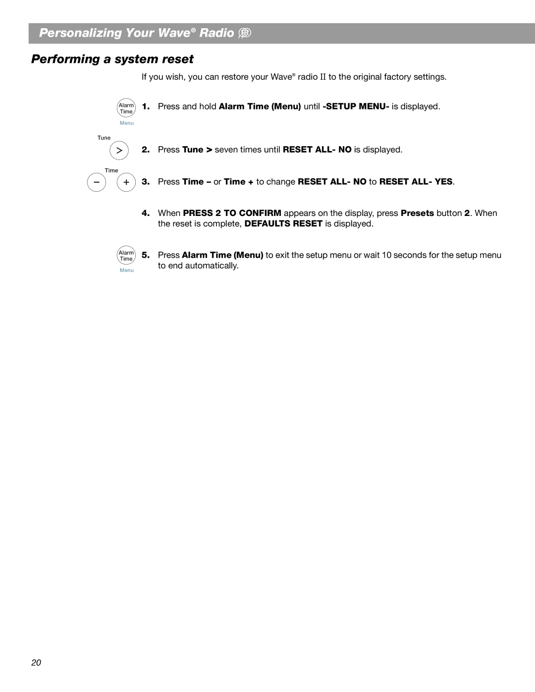 Bose Radio II manual Performing a system reset 