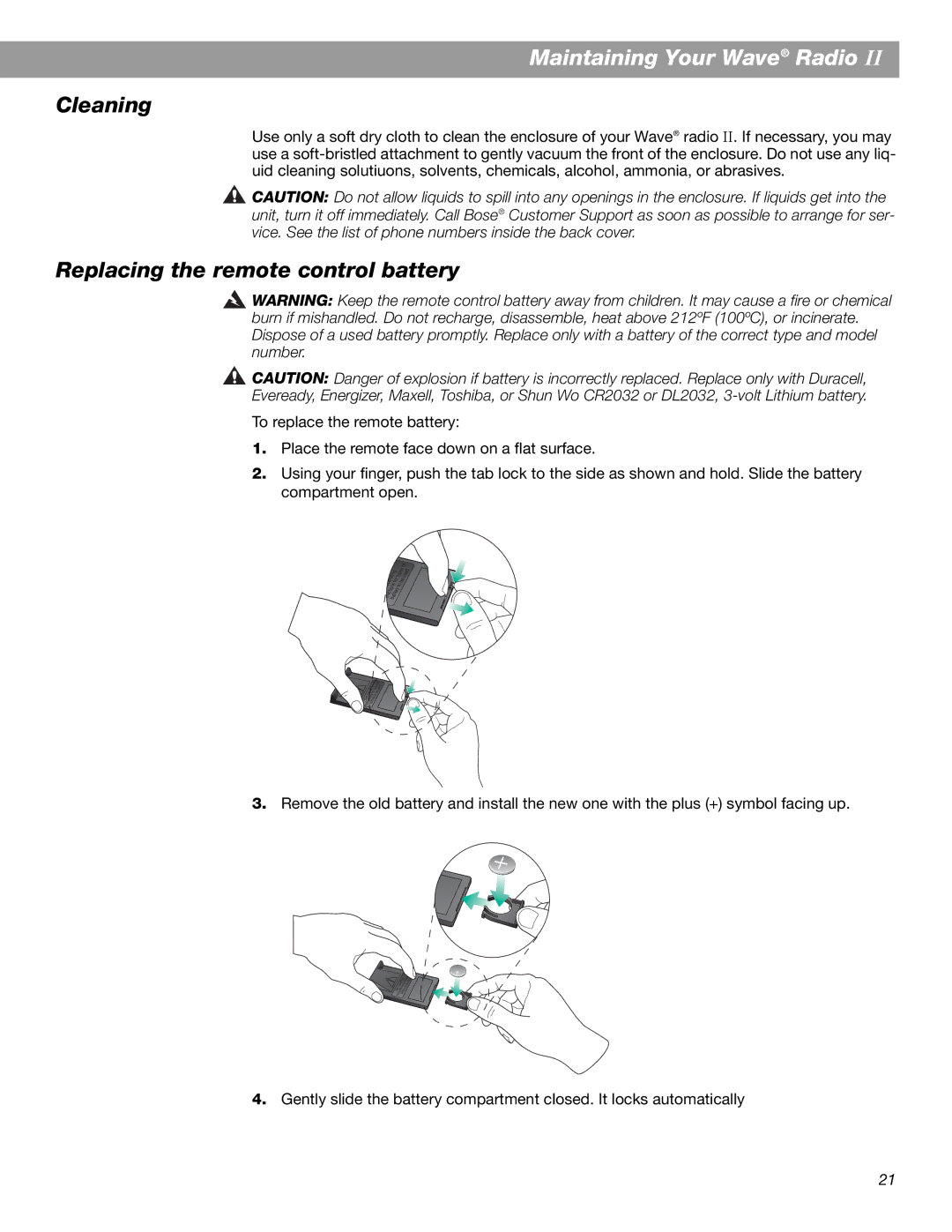 Bose Radio II manual Maintaining Your Wave Radio, Cleaning, Replacing the remote control battery 