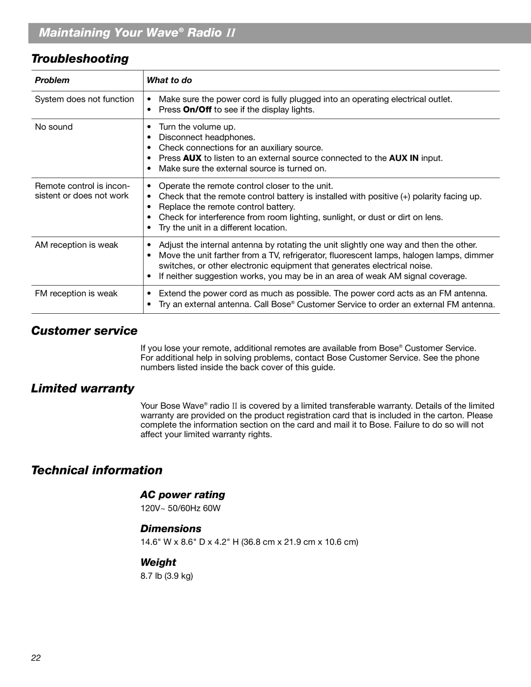 Bose Radio II manual Troubleshooting, Customer service, Limited warranty, Technical information 