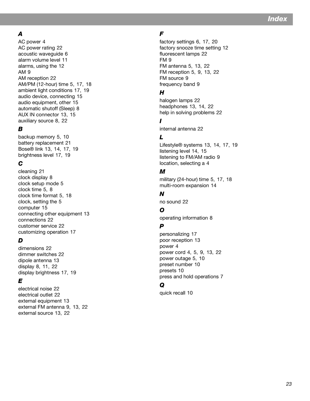 Bose Radio II manual Index 