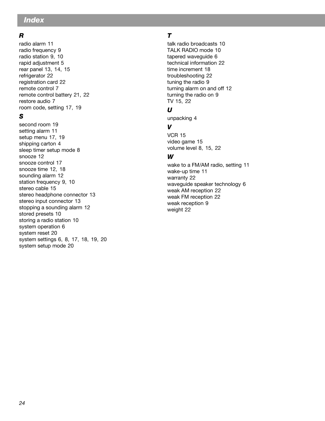 Bose Radio II manual Index 