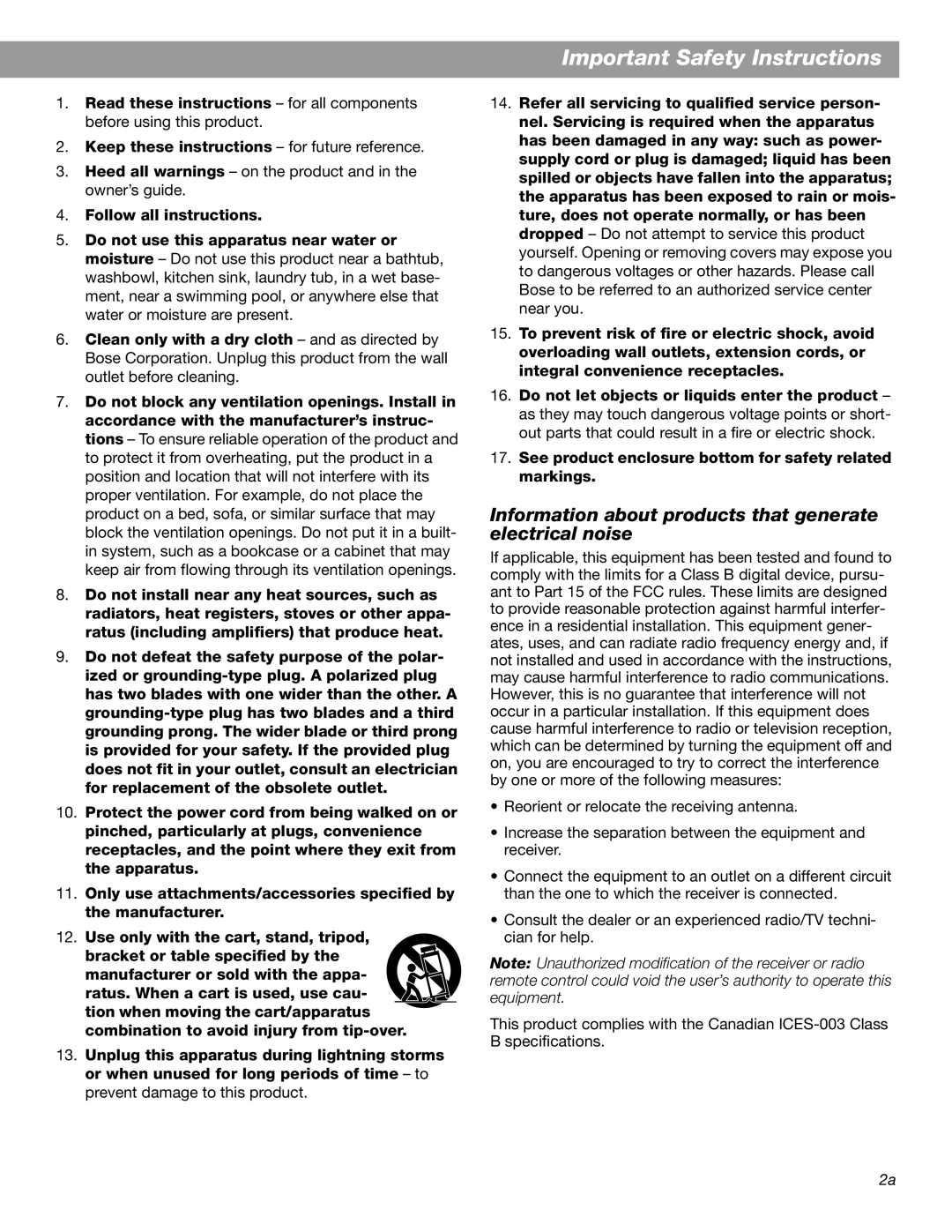 Bose Radio II manual Important Safety Instructions, Information about products that generate electrical noise 