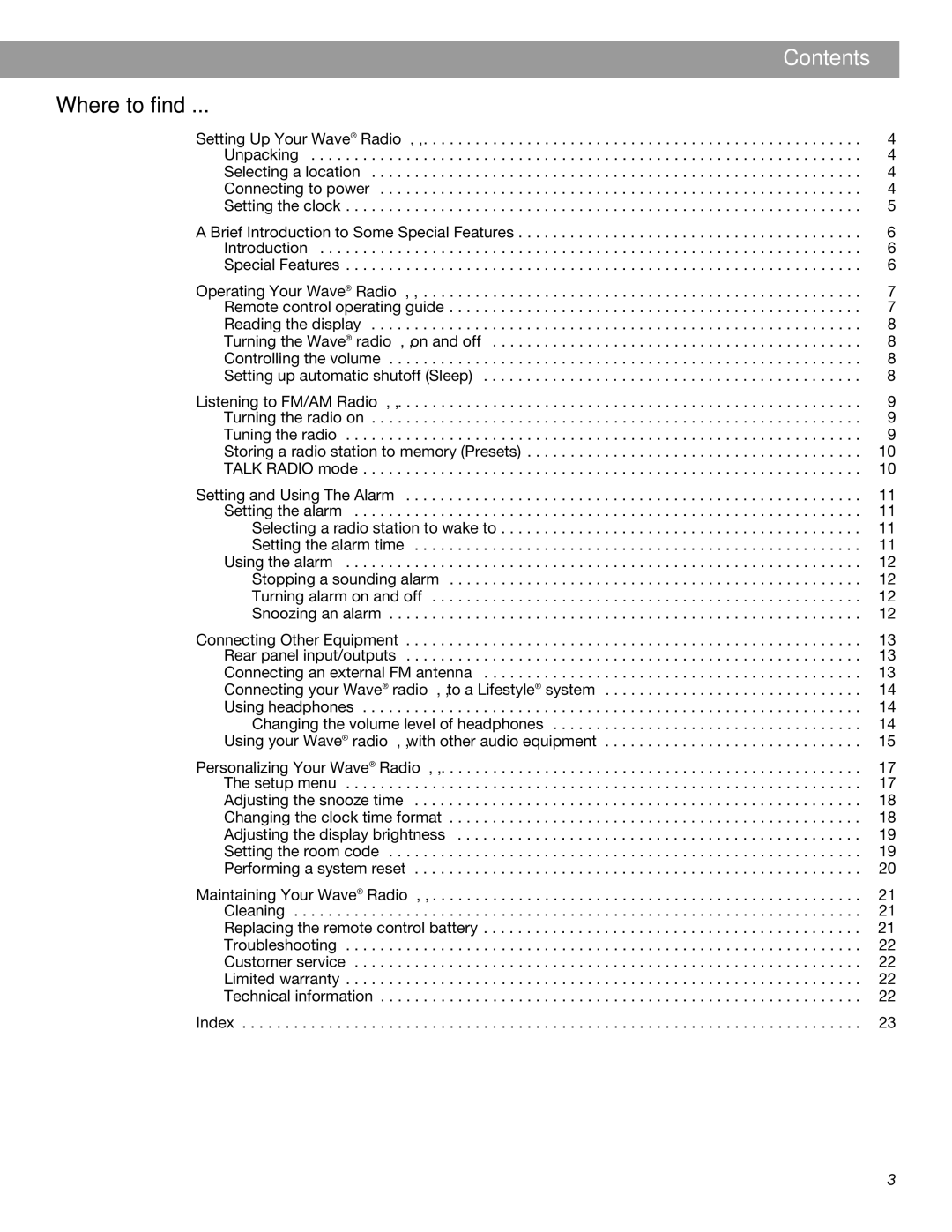 Bose Radio II manual Contents 