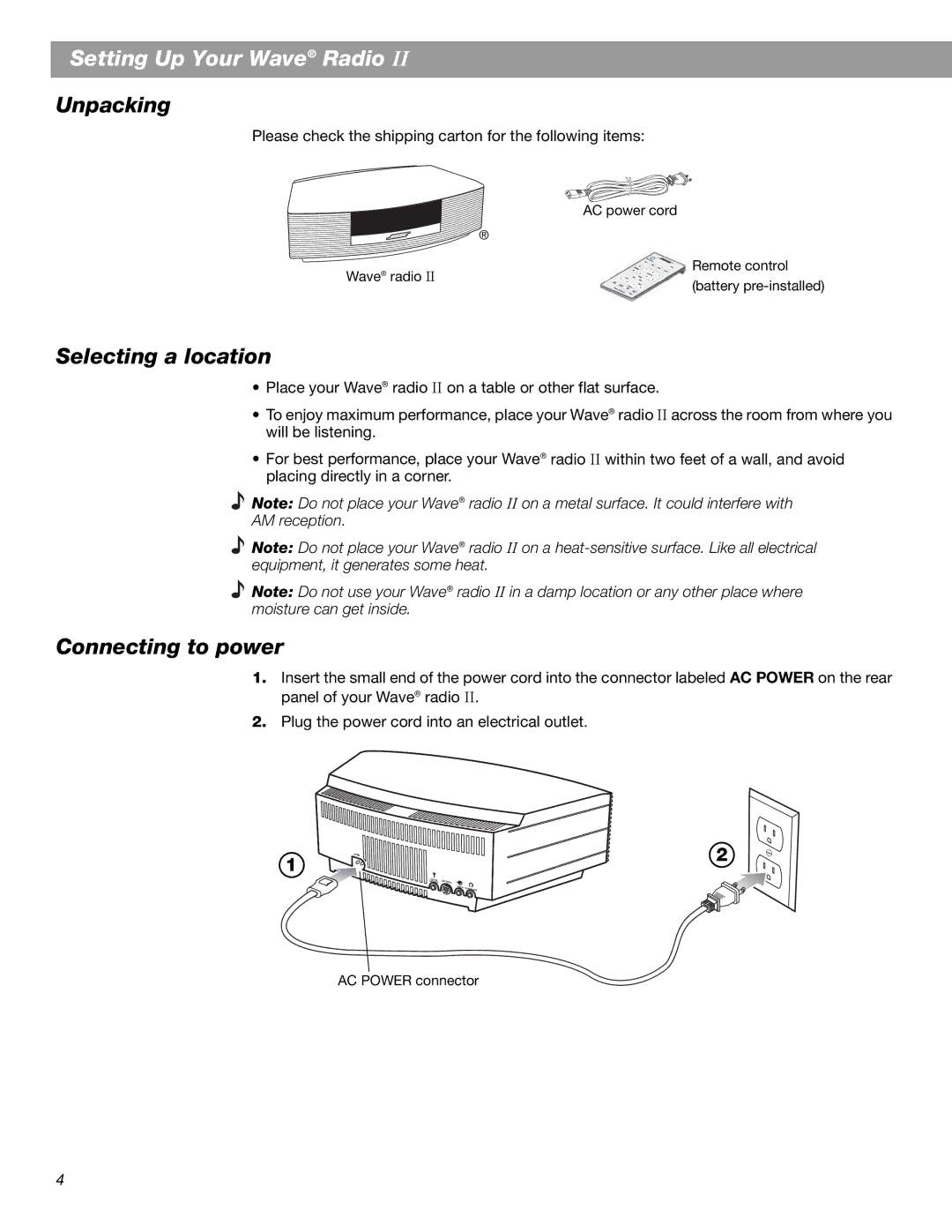 Bose Radio II manual Setting Up Your Wave Radio, Unpacking, Selecting a location, Connecting to power 