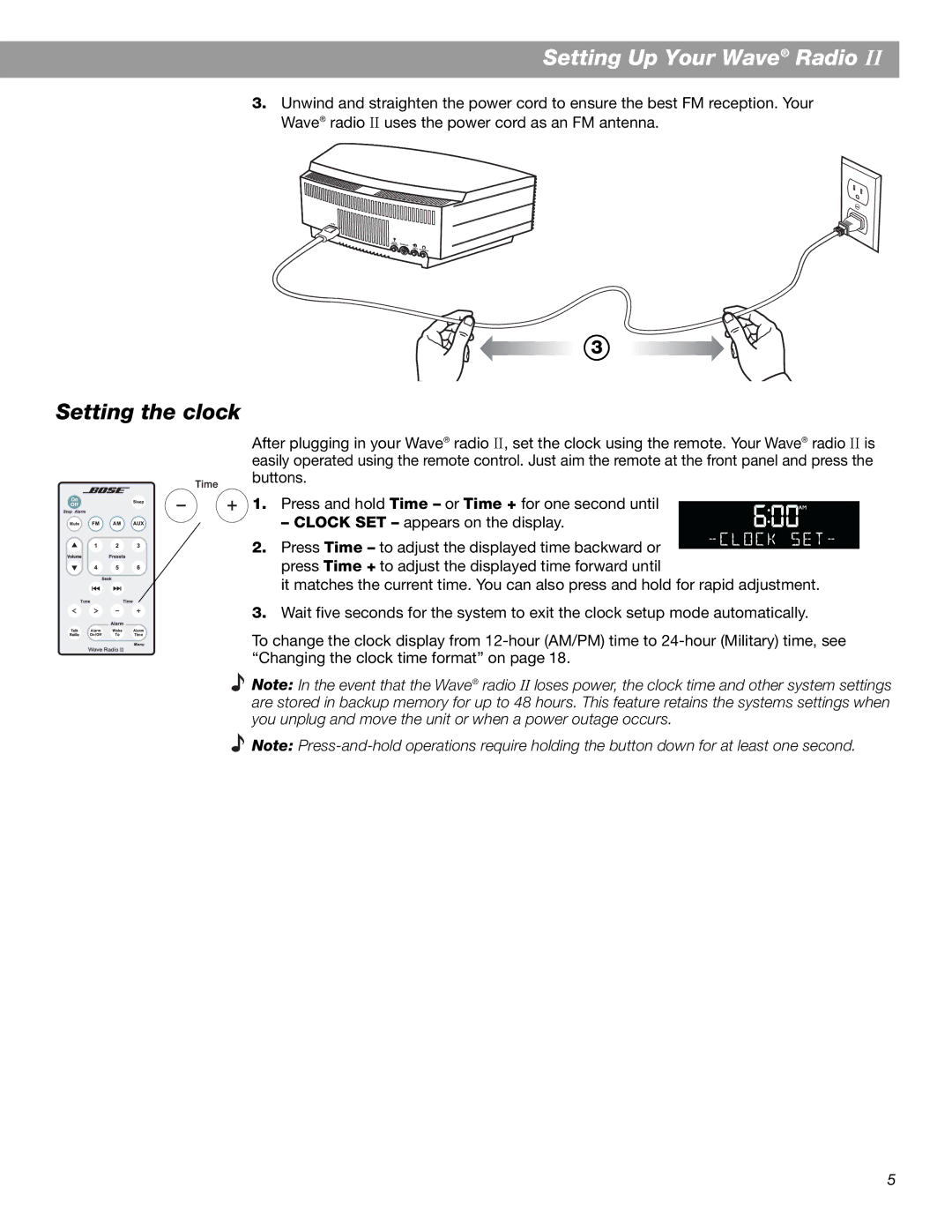 Bose Radio II manual Setting the clock 