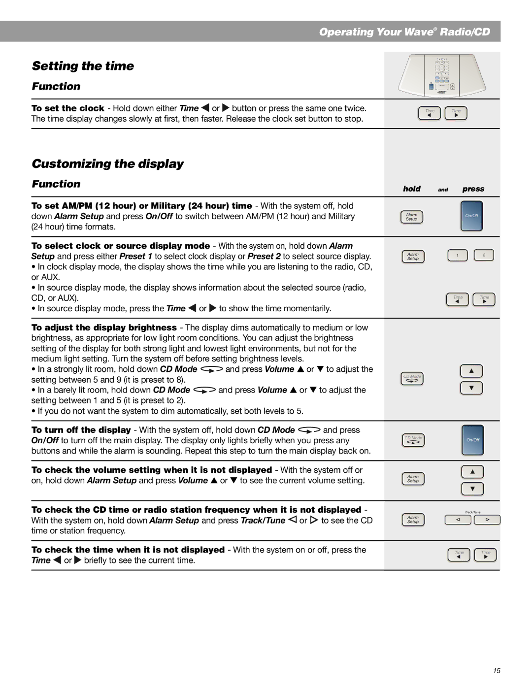 Bose Radio manual Setting the time, Customizing the display, Function, Time or briefly to see the current time 