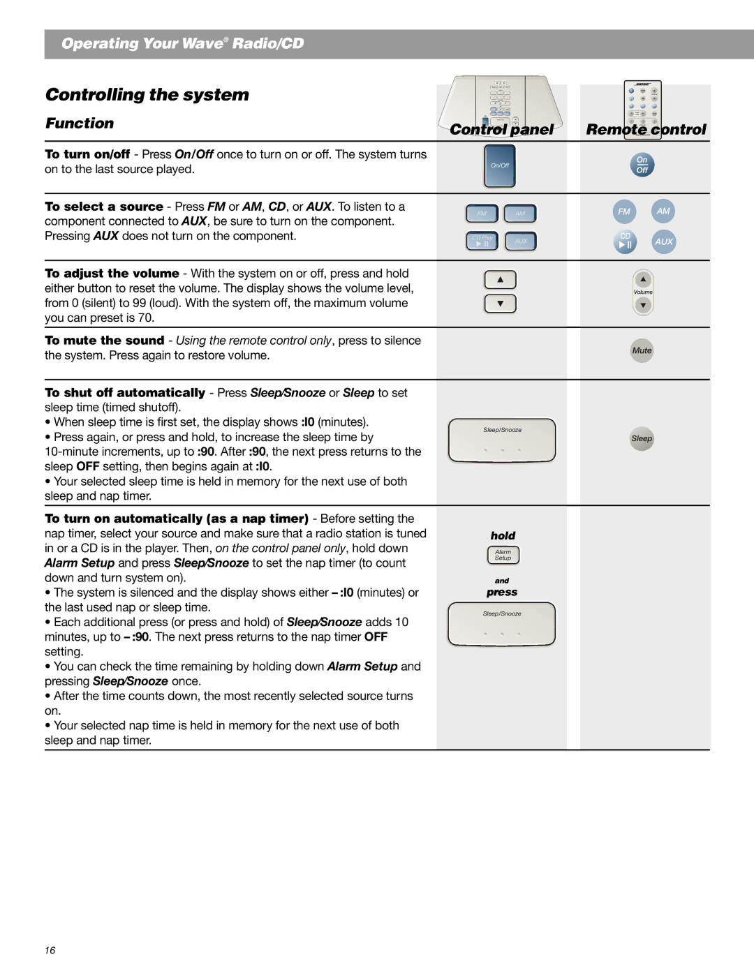 Bose Radio Controlling the system, To turn on automatically as a nap timer Before setting, Last used nap or sleep time 