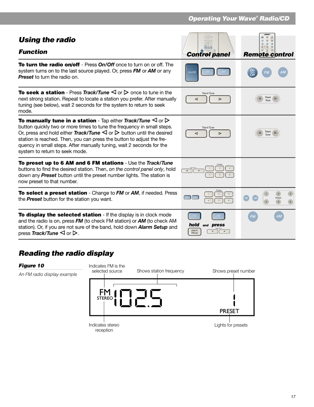 Bose Radio manual Using the radio, Reading the radio display, To seek a station Press Track/Tune 