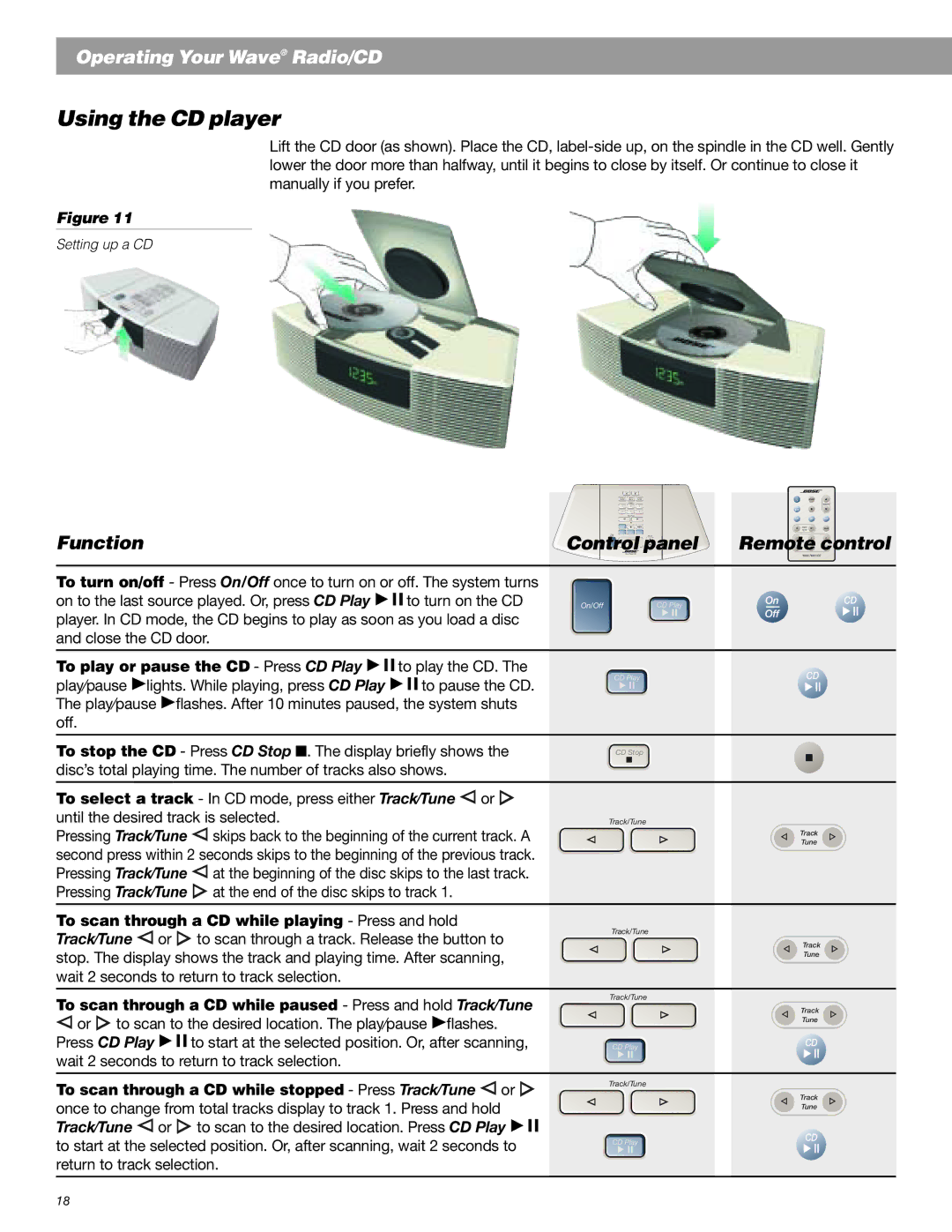 Bose Radio Using the CD player, To play or pause the CD Press CD Play, To scan through a CD while playing Press and hold 