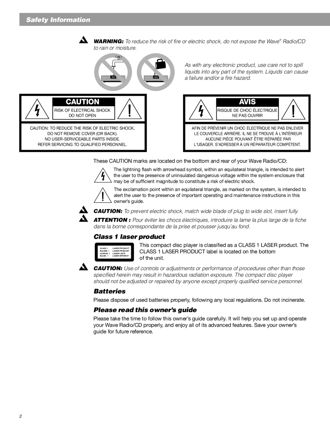 Bose Radio manual Class 1 laser product, Batteries, Please read this owner’s guide 