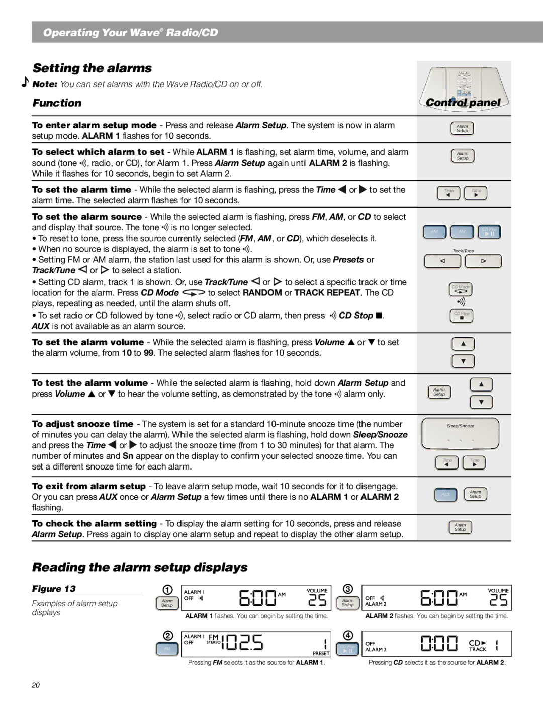 Setting the alarms, Reading the alarm setup displays Bose Radio