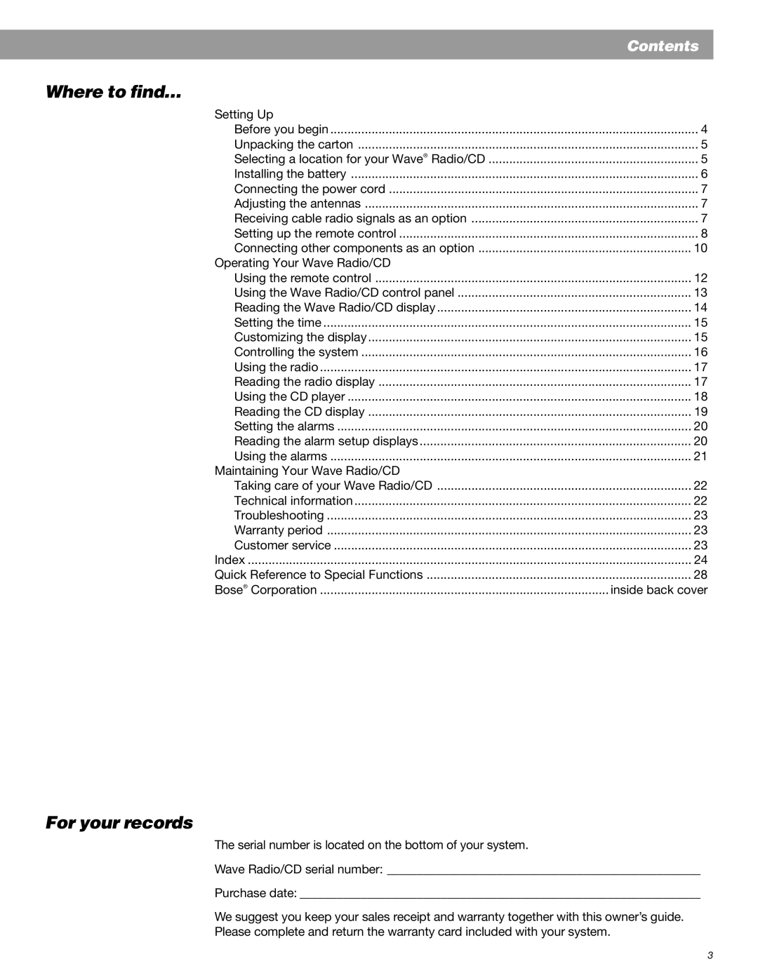 Bose Radio manual Where to find…, For your records 