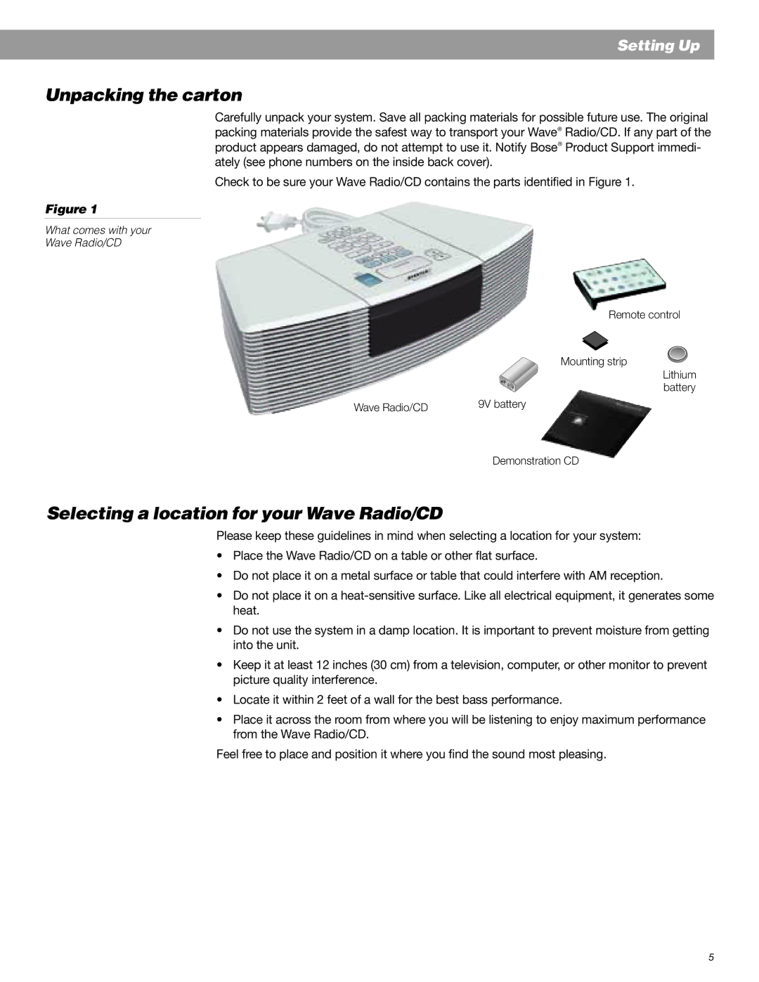 Bose manual Unpacking the carton, Selecting a location for your Wave Radio/CD 