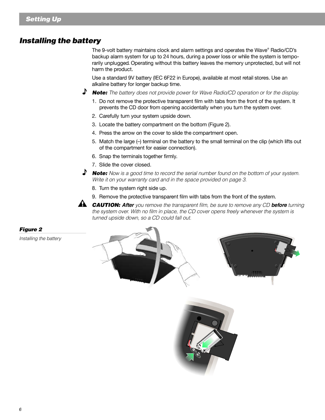 Bose Radio manual Installing the battery, Write it on your warranty card and in the space provided on 