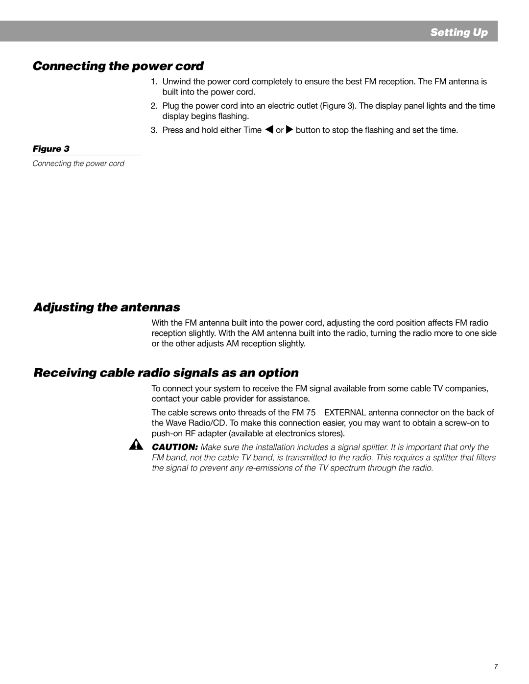 Bose Radio manual Connecting the power cord, Adjusting the antennas, Receiving cable radio signals as an option 