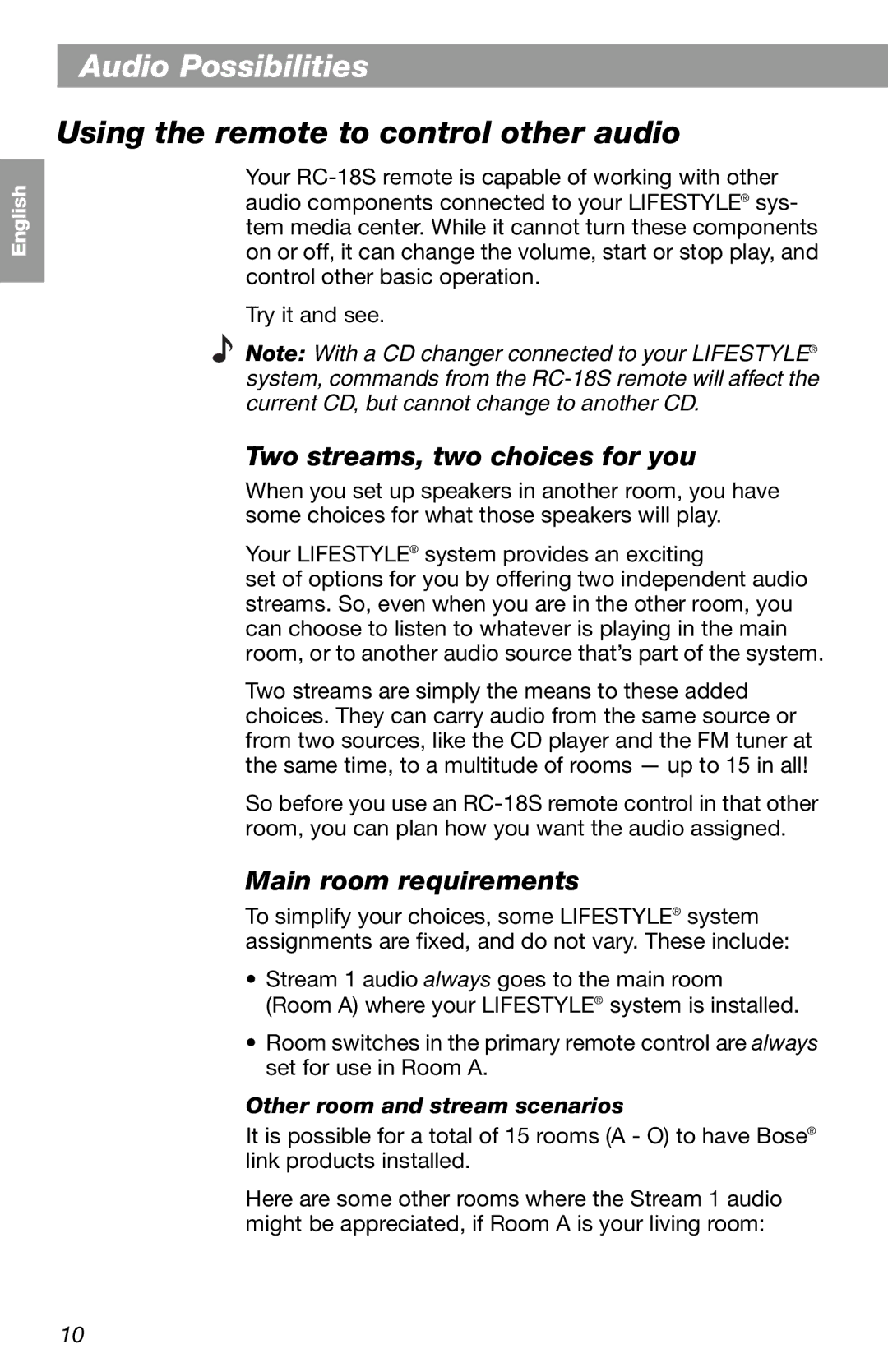 Bose RC-18S manual Audio Possibilities, Using the remoteA udio Possibilitiesto control other audio, Main room requirements 