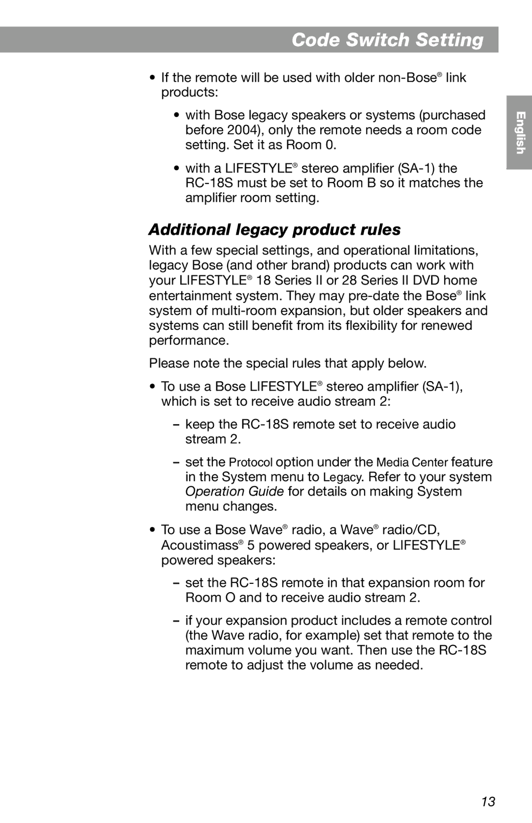 Bose RC-18S manual Additional legacy product rules 