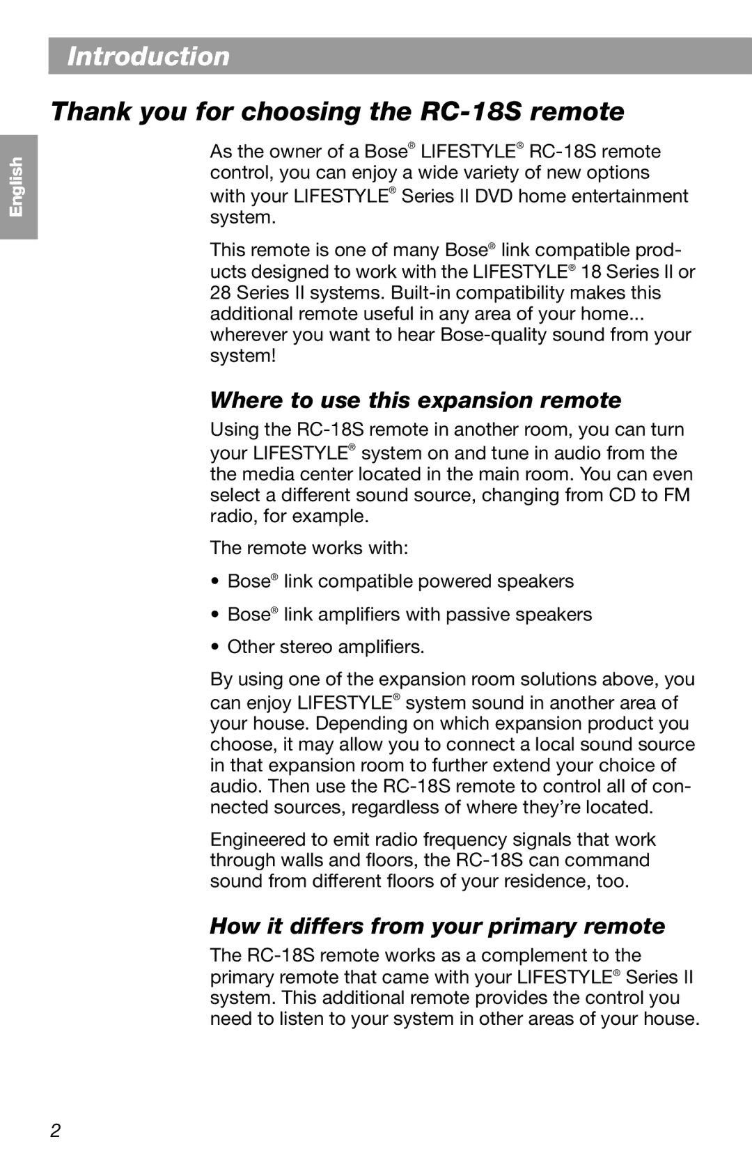 Bose manual Introduction, Thank you forIn tr d uctionchoosing the RC-18S remote, Where to use this expansion remote 