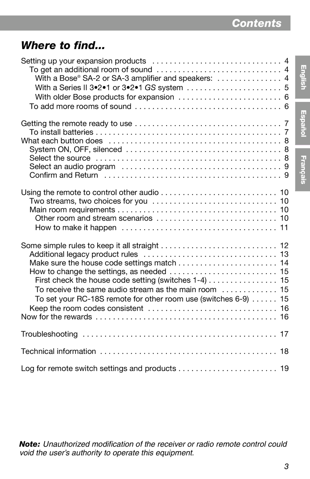 Bose RC-18S manual Contents 