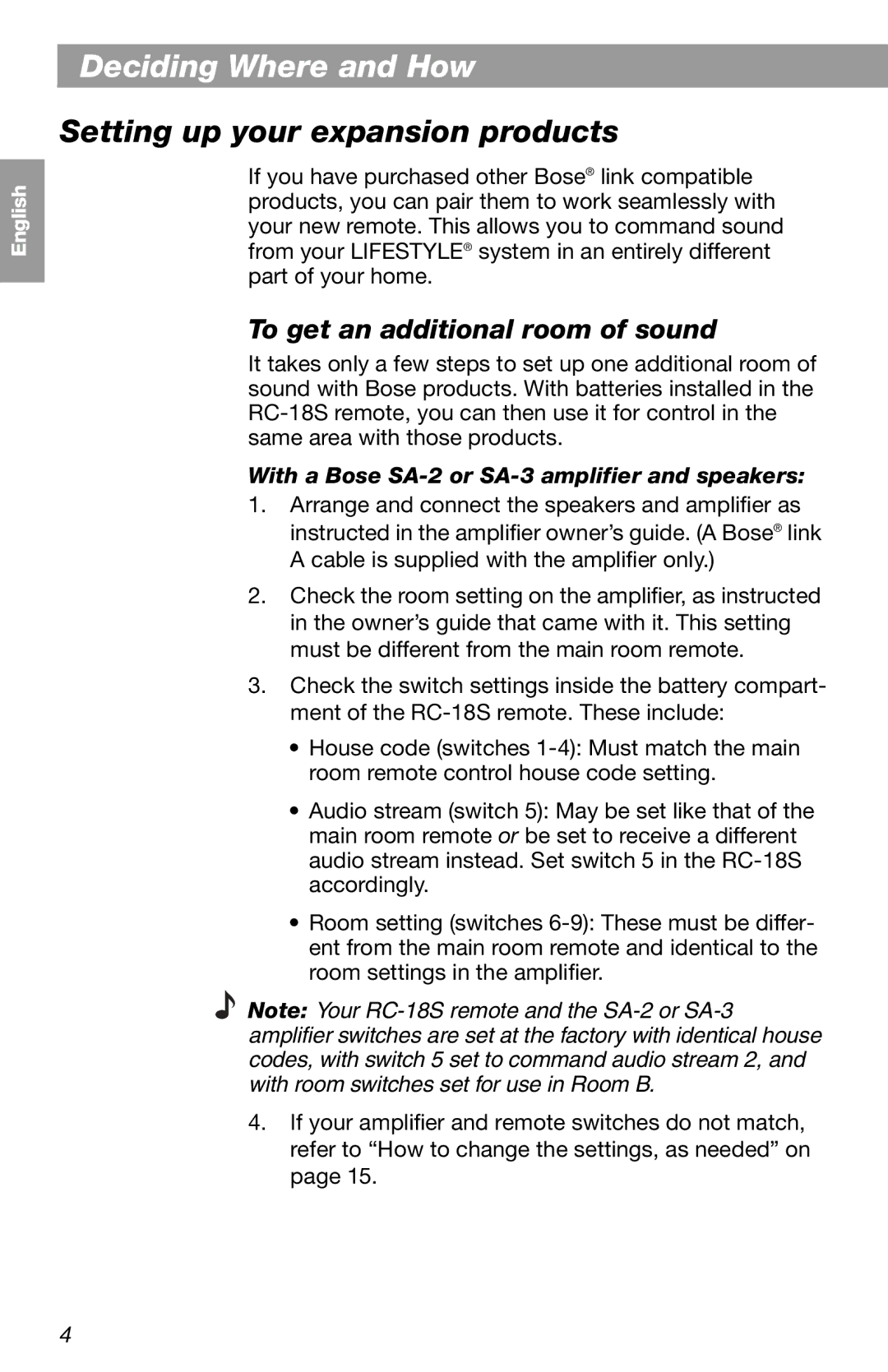 Bose RC-18S manual Setting up yourDeciding Where and Howexpansion products, To get an additional room of sound 