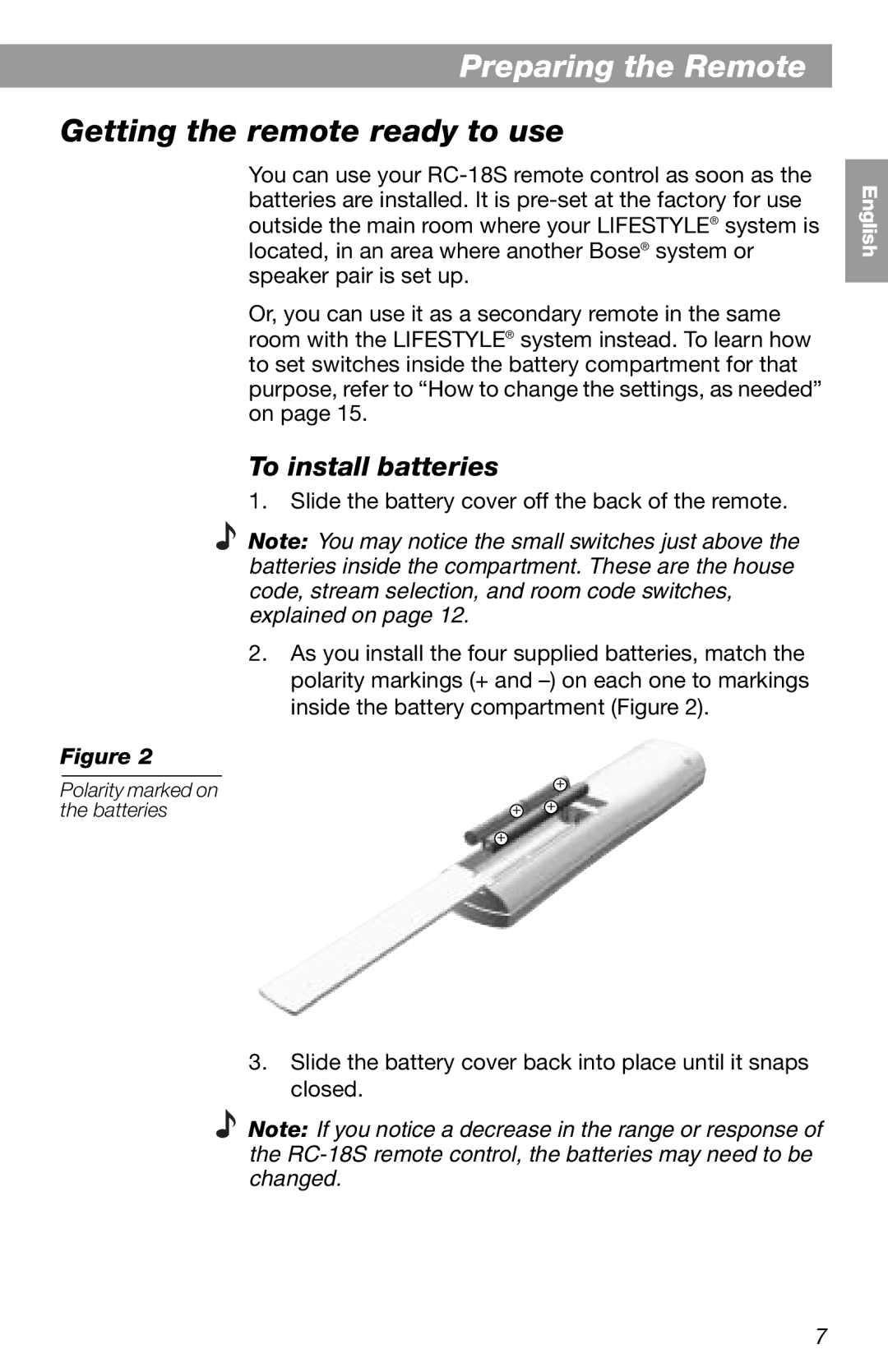 Bose RC-18S manual Preparing the Remote, Getting the remoteP epa ing the R oteready to use, To install batteries 