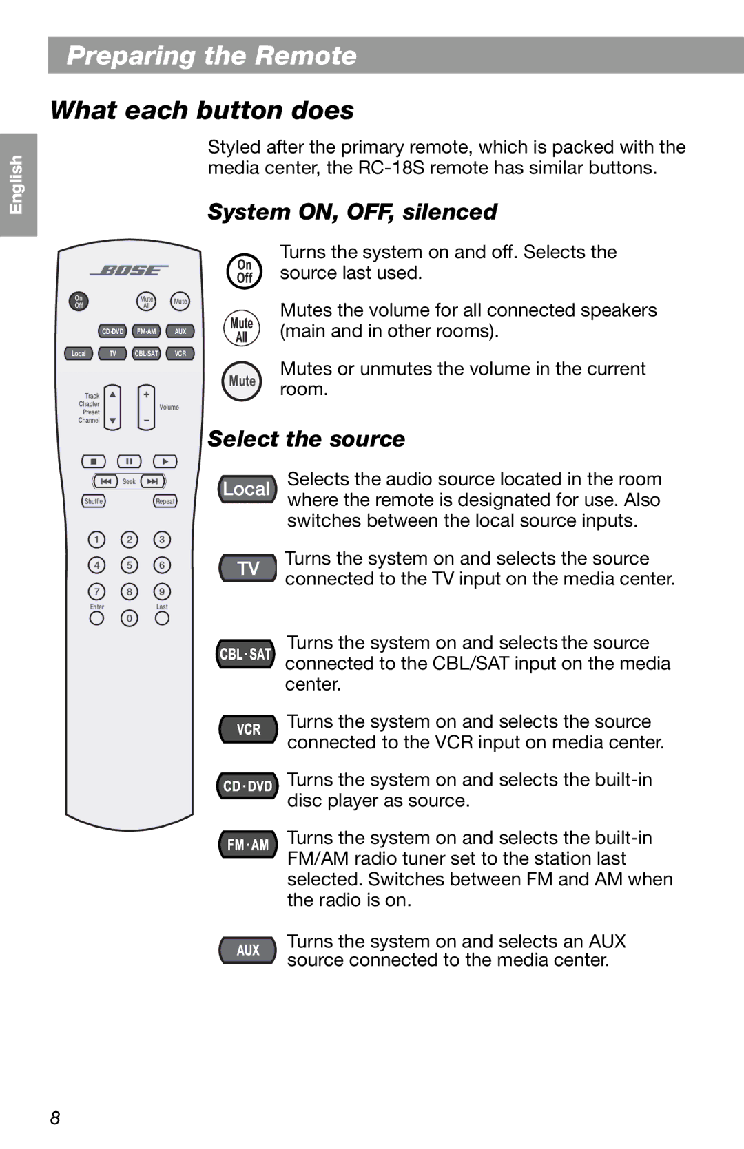 Bose RC-18S manual What each button does, System ON, OFF, silenced, Select the source 