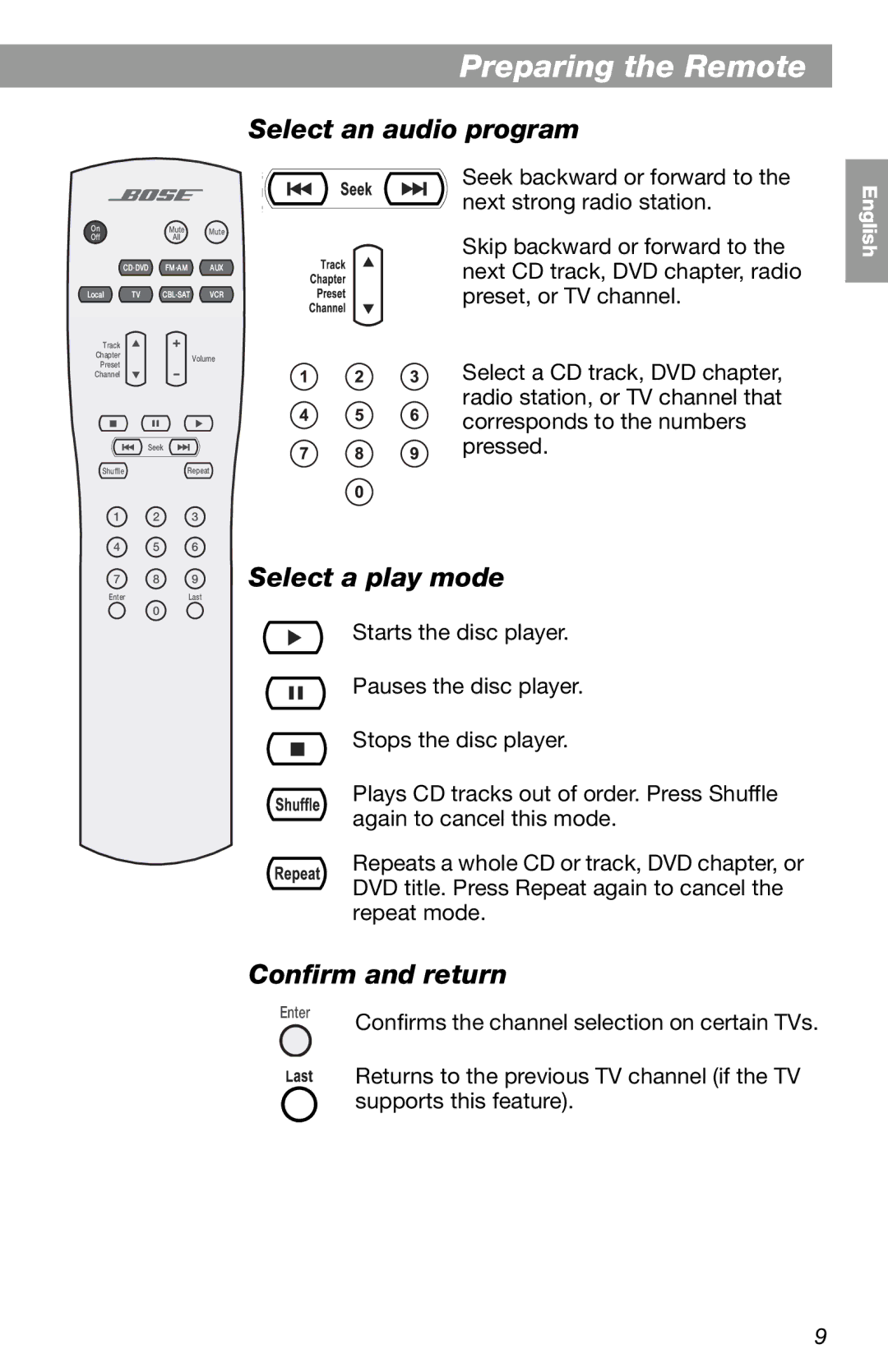 Bose RC-18S manual Select an audio program, Select a play mode, Confirm and return 