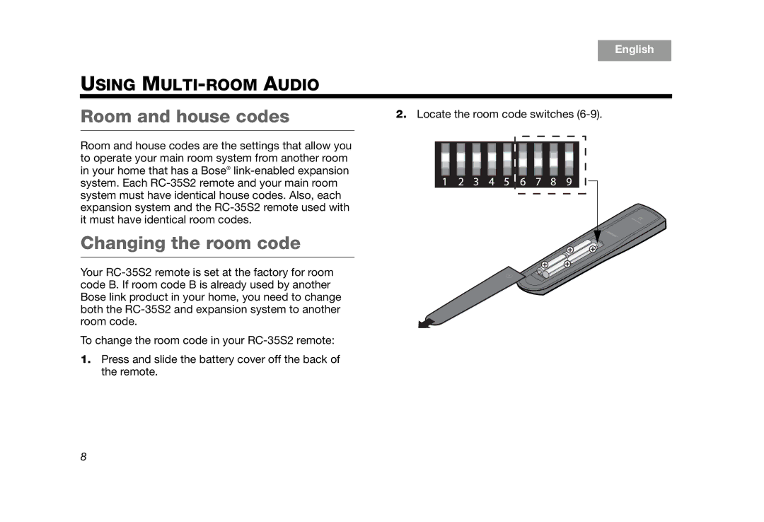 Bose RC-35S2 manual Room and house codes, Changing the room code 