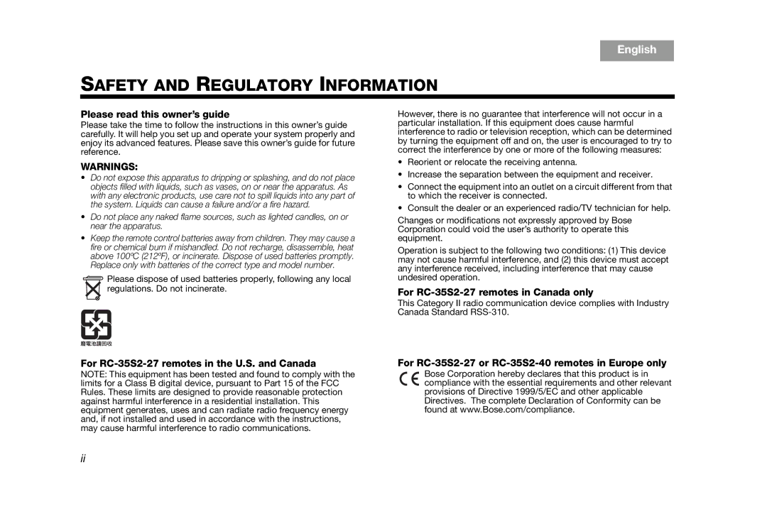 Bose RC-35S2 manual Safety and Regulatory Information 