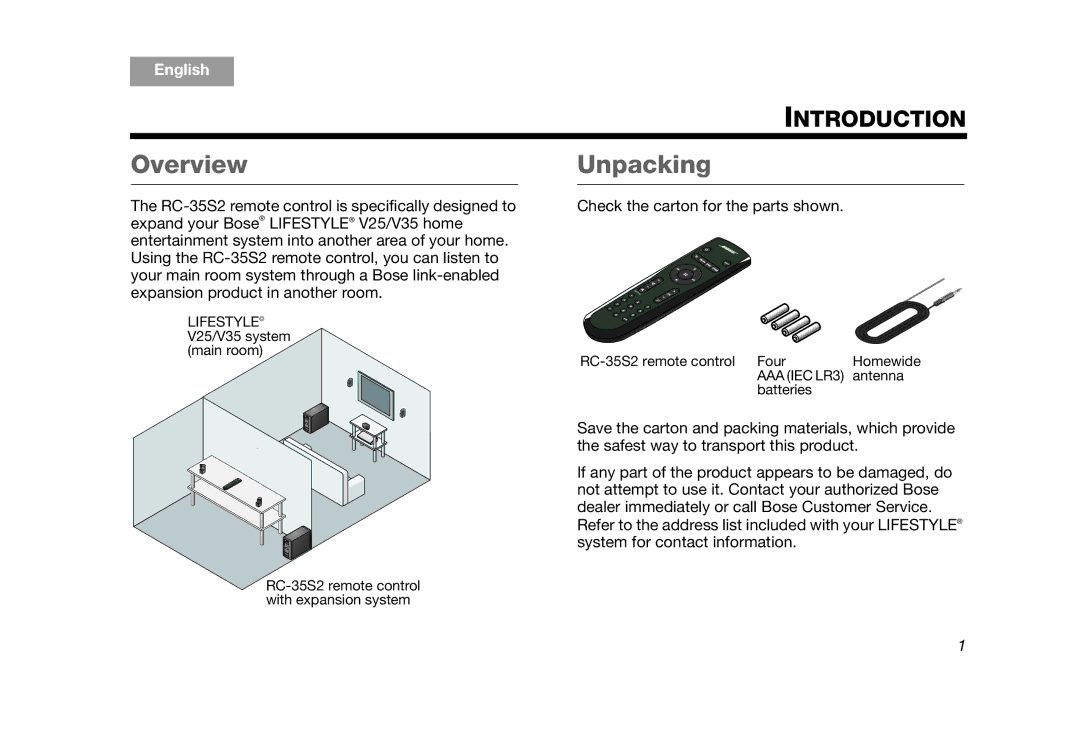 Bose RC-35S2 manual Overview, Unpacking 