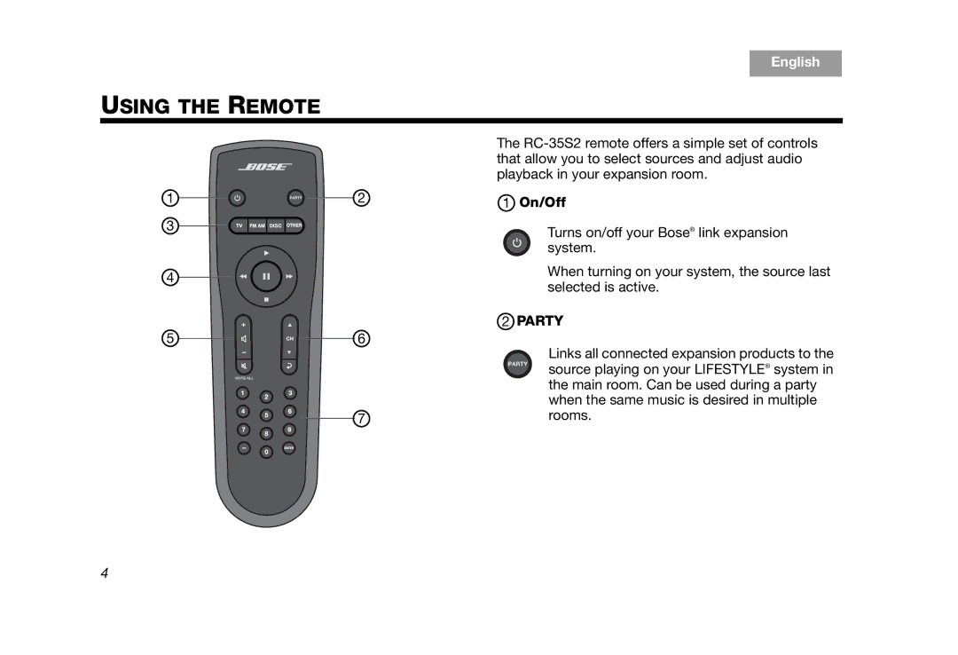 Bose RC-35S2 manual Using the Remote, On/Off 