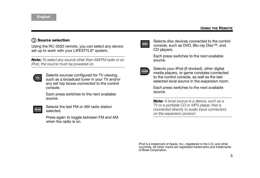 Bose RC-35S2 manual Source selection 