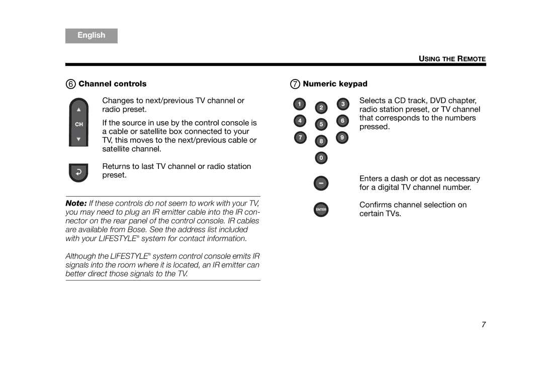 Bose RC-35S2 manual Channel controls Numeric keypad 