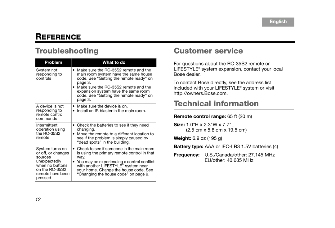 Bose RC-35S2 manual Troubleshooting, Customer service, Technical information, Remote control range 65 ft 20 m 