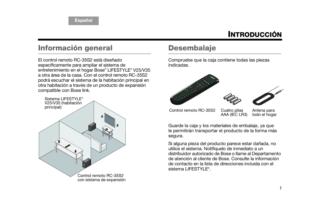 Bose RC-35S2 manual Información general Desembalaje 