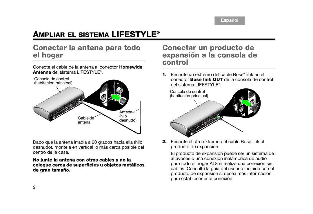 Bose RC-35S2 manual Conectar la antena para todo el hogar, Conectar un producto de expansión a la consola de control 