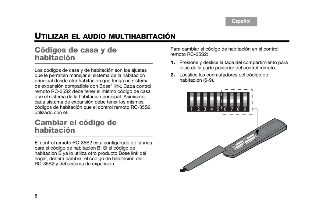 Bose RC-35S2 manual Códigos de casa y de habitación, Cambiar el código de habitación 