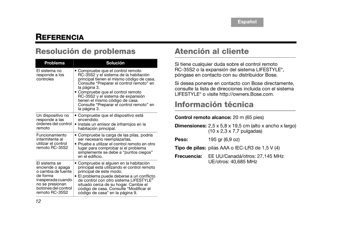 Bose RC-35S2 manual Resolución de problemas, Atención al cliente, Información técnica 