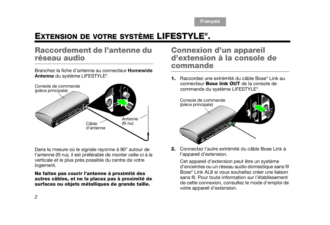 Bose RC-35S2 manual Raccordement de l’antenne du réseau audio, Connexion d’un appareil d’extension à la console de commande 