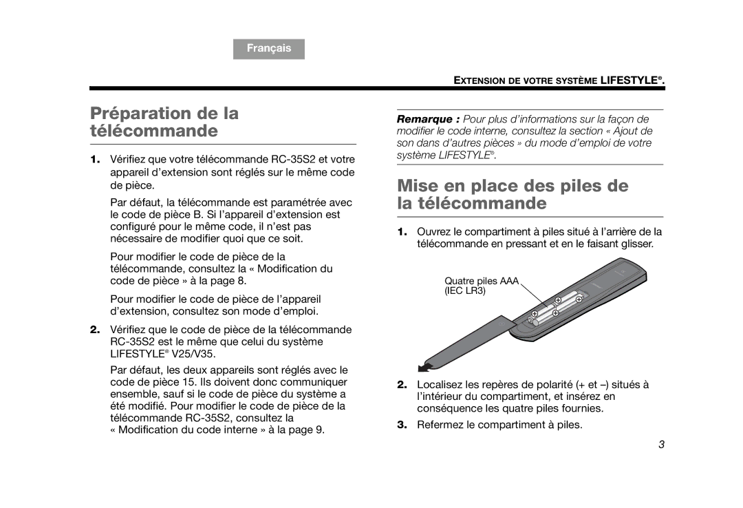 Bose RC-35S2 manual Préparation de la télécommande, Mise en place des piles de la télécommande 