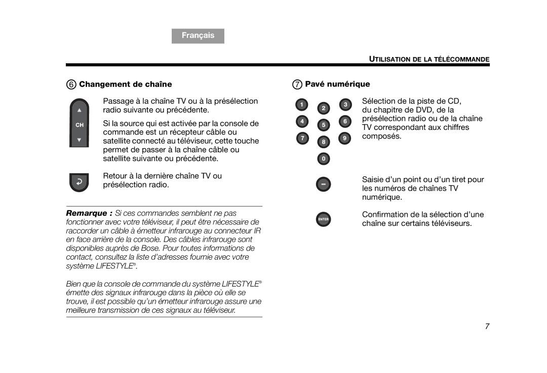 Bose RC-35S2 manual Changement de chaîne Pavé numérique 