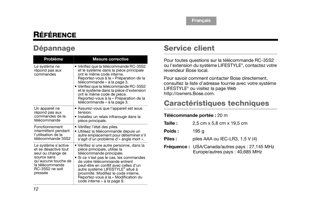 Bose RC-35S2 manual Dépannage, Service client, Caractéristiques techniques, Télécommande portée 20 m, Poids 195 g 