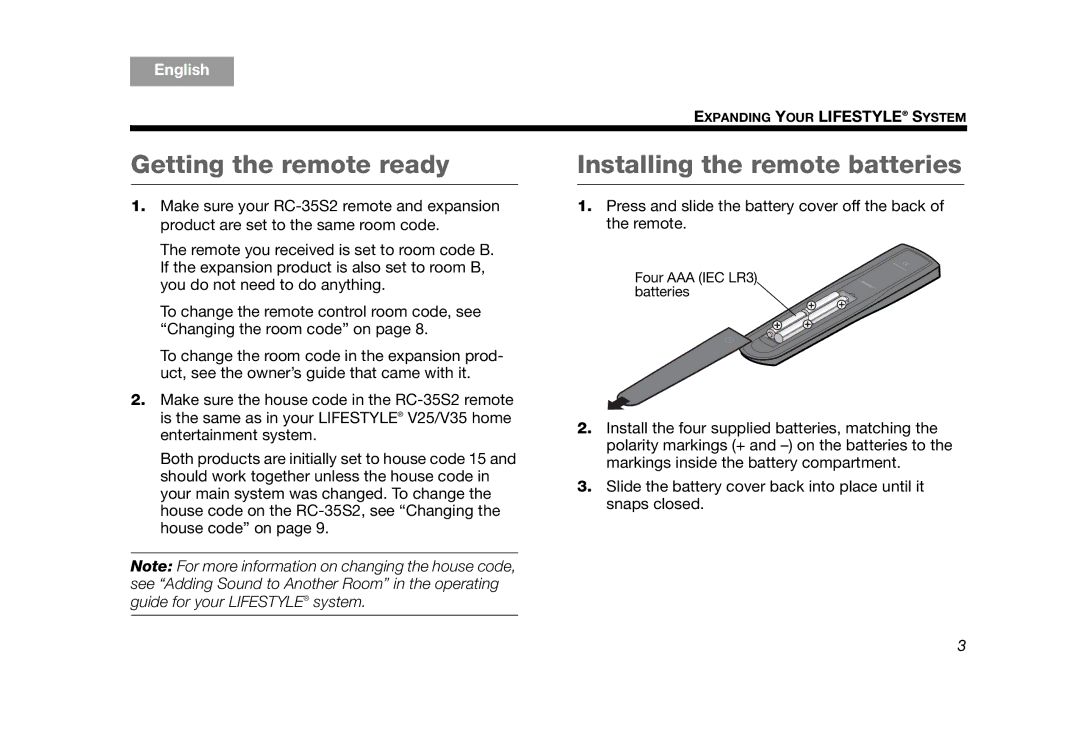 Bose RC-35S2 manual Getting the remote ready, Installing the remote batteries 