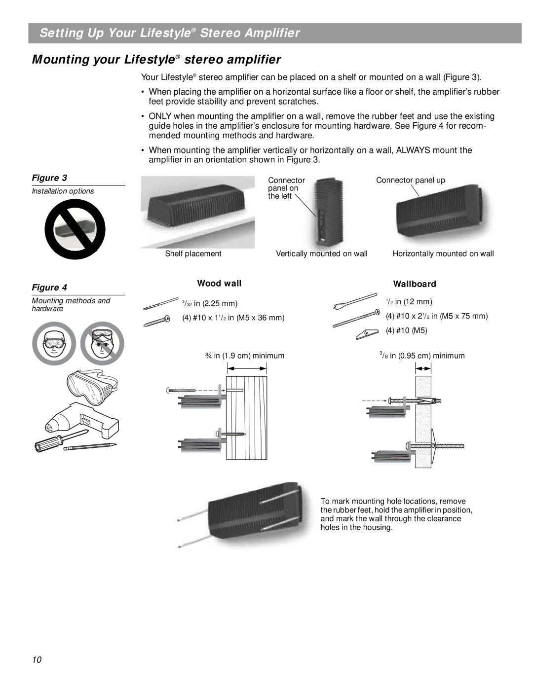 Bose SA-2, SA-3 manual Mounting your Lifestyle stereo amplifier, Wood wall Wallboard 