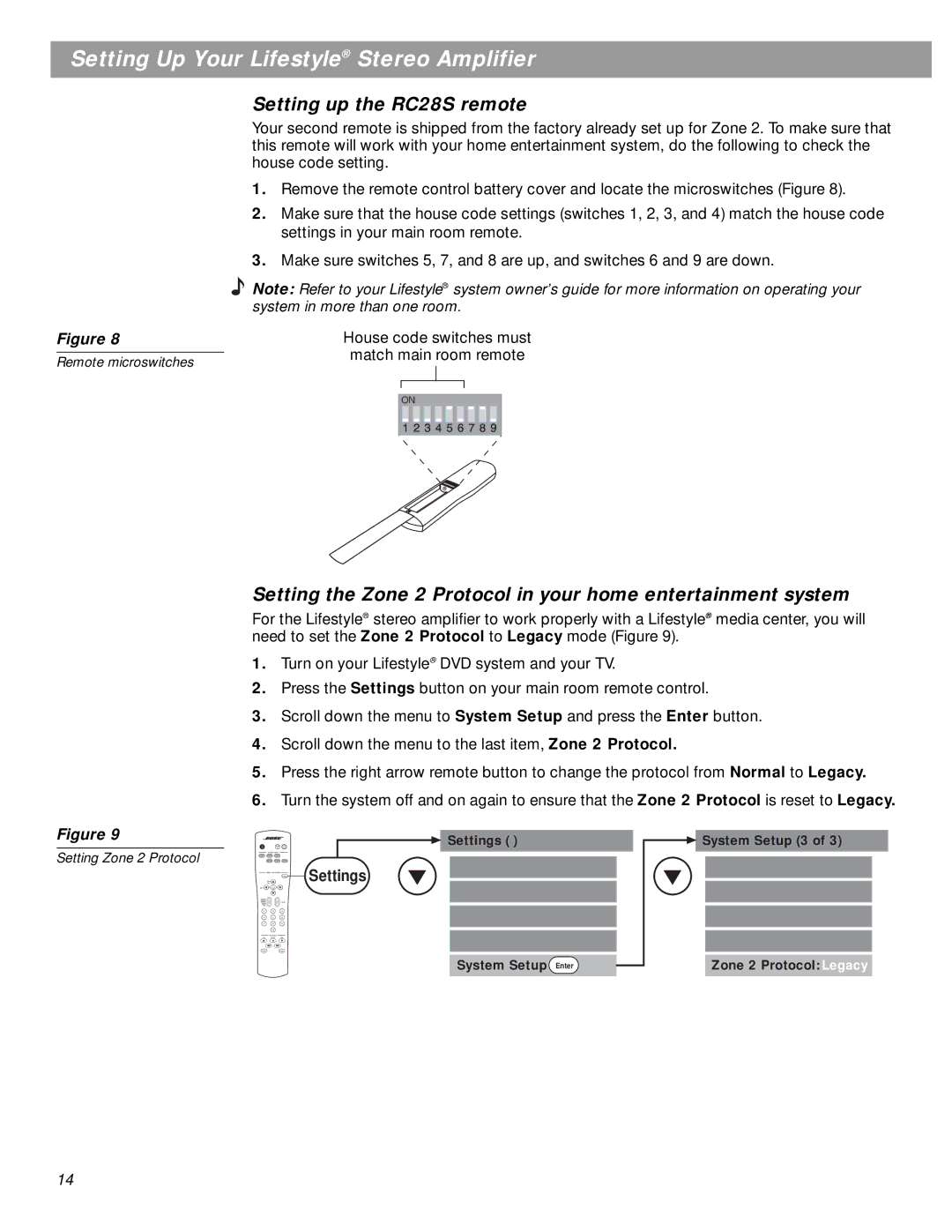 Bose SA-2, SA-3 manual Setting up the RC28S remote, Setting Zone 2 Protocol 