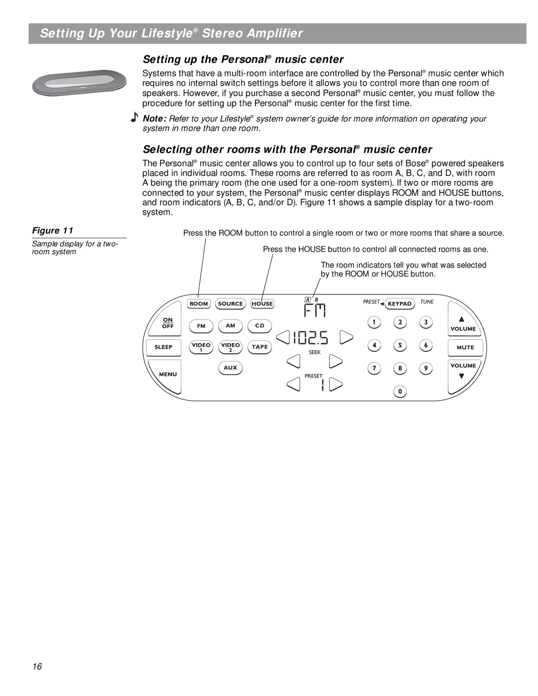 Bose SA-2, SA-3 manual Setting up the Personal music center, Selecting other rooms with the Personal music center 