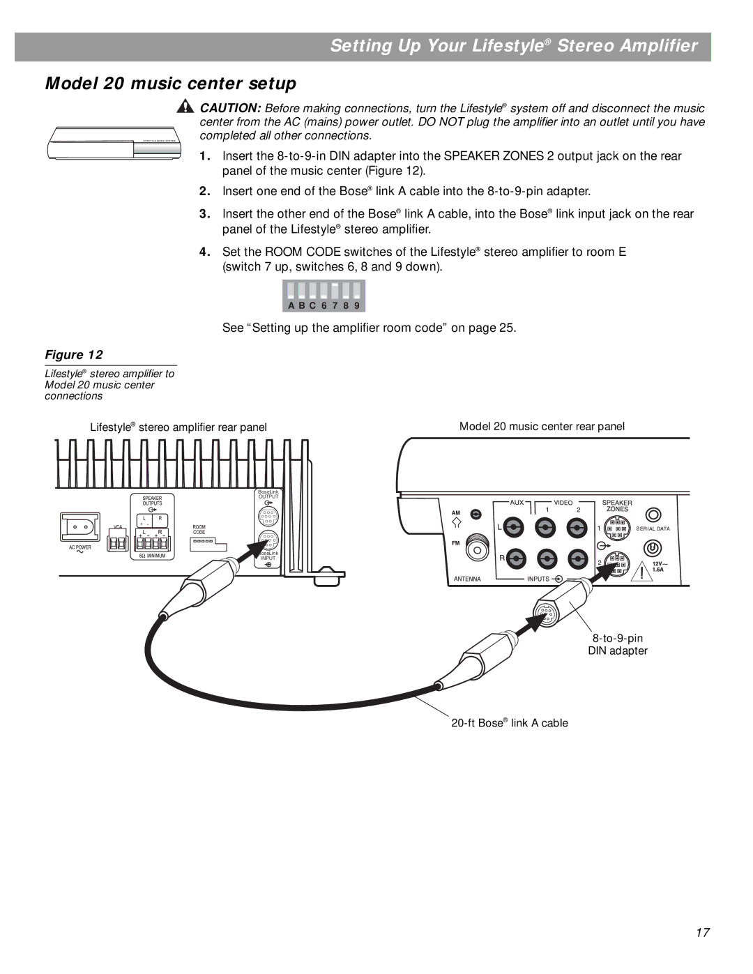 Bose SA-3, SA-2 manual Model 20 music center setup, See Setting up the amplifier room code on 