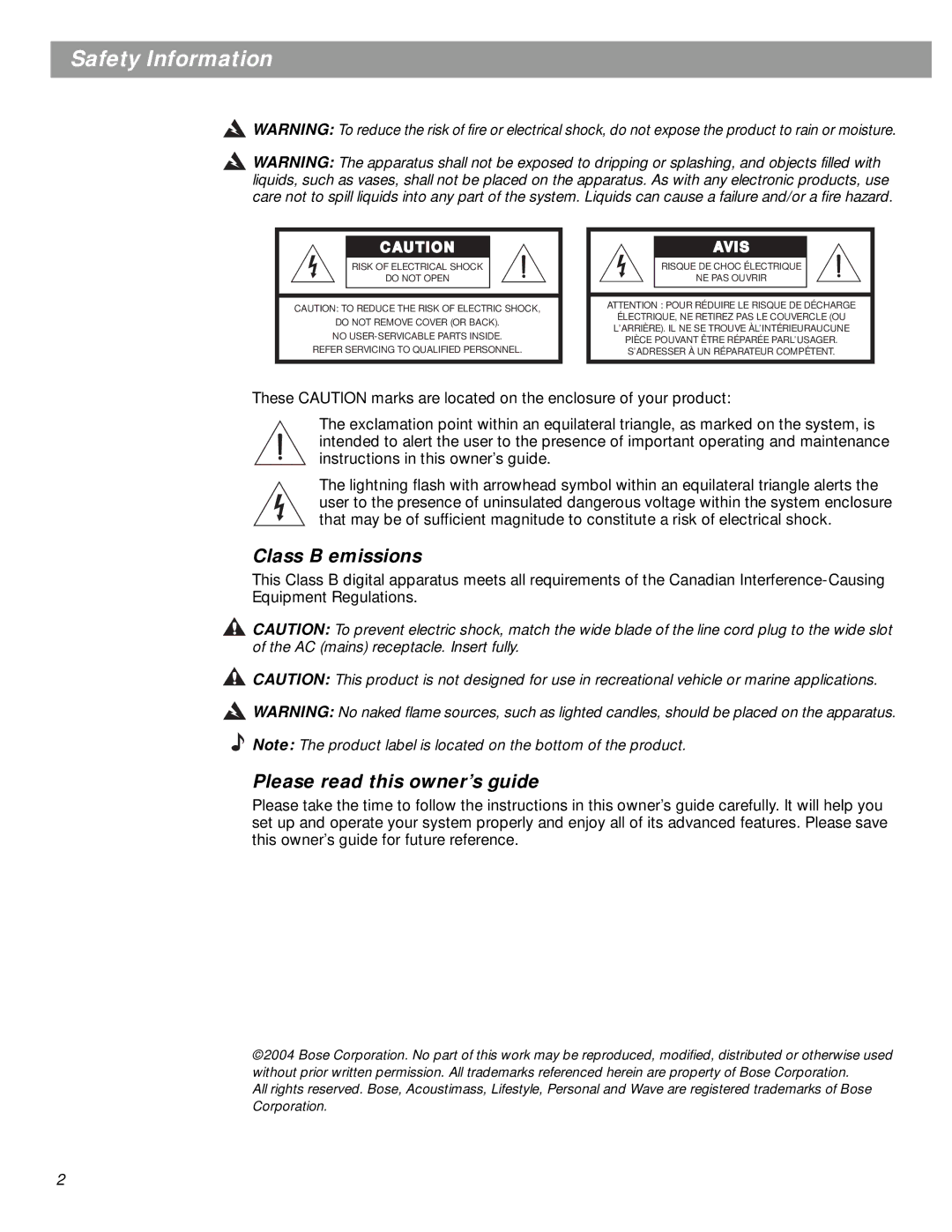 Bose SA-2, SA-3 manual Safety Information, Class B emissions, Please read this owner’s guide 