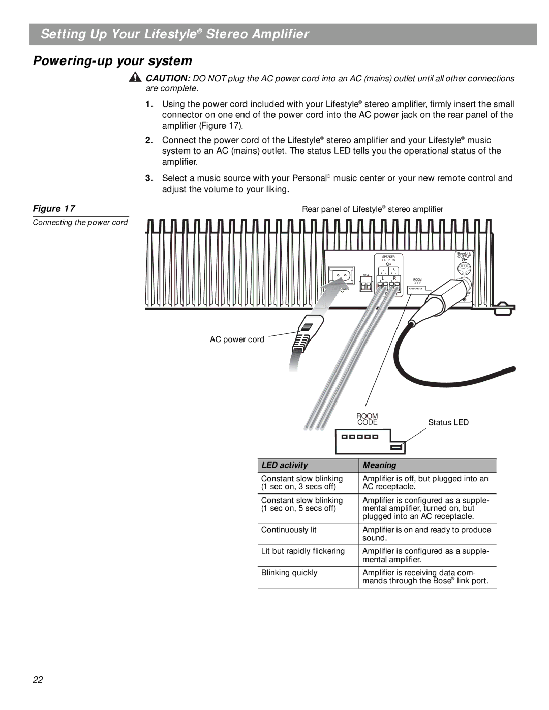 Bose SA-2, SA-3 manual Powering-up your system, LED activity Meaning 