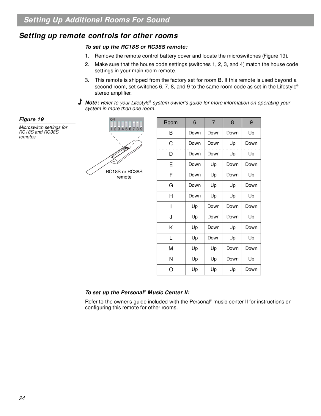 Bose SA-2, SA-3 manual Setting up remote controls for other rooms, To set up the RC18S or RC38S remote, Room 